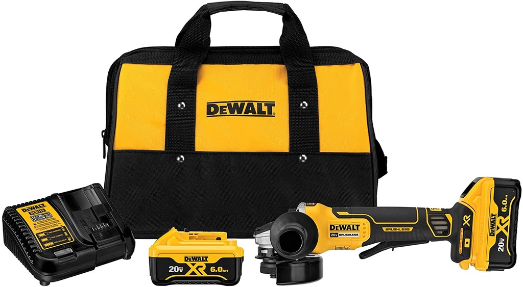 KIT DE ESMERILADORA ANGULAR INALAMBRICA DE 4-1/2" 20V, 2000W, DEWALT DCG413R2: 2 BAT 6AH+CARG+BOLSO