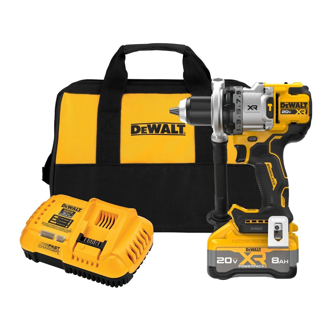 KIT DE TALADRO PERCUTOR INALAMBRICO DE 1/2", 500W, MARCA DEWALT DCD1007WW1: 1 BAT 8AH + CARG + BOLSO